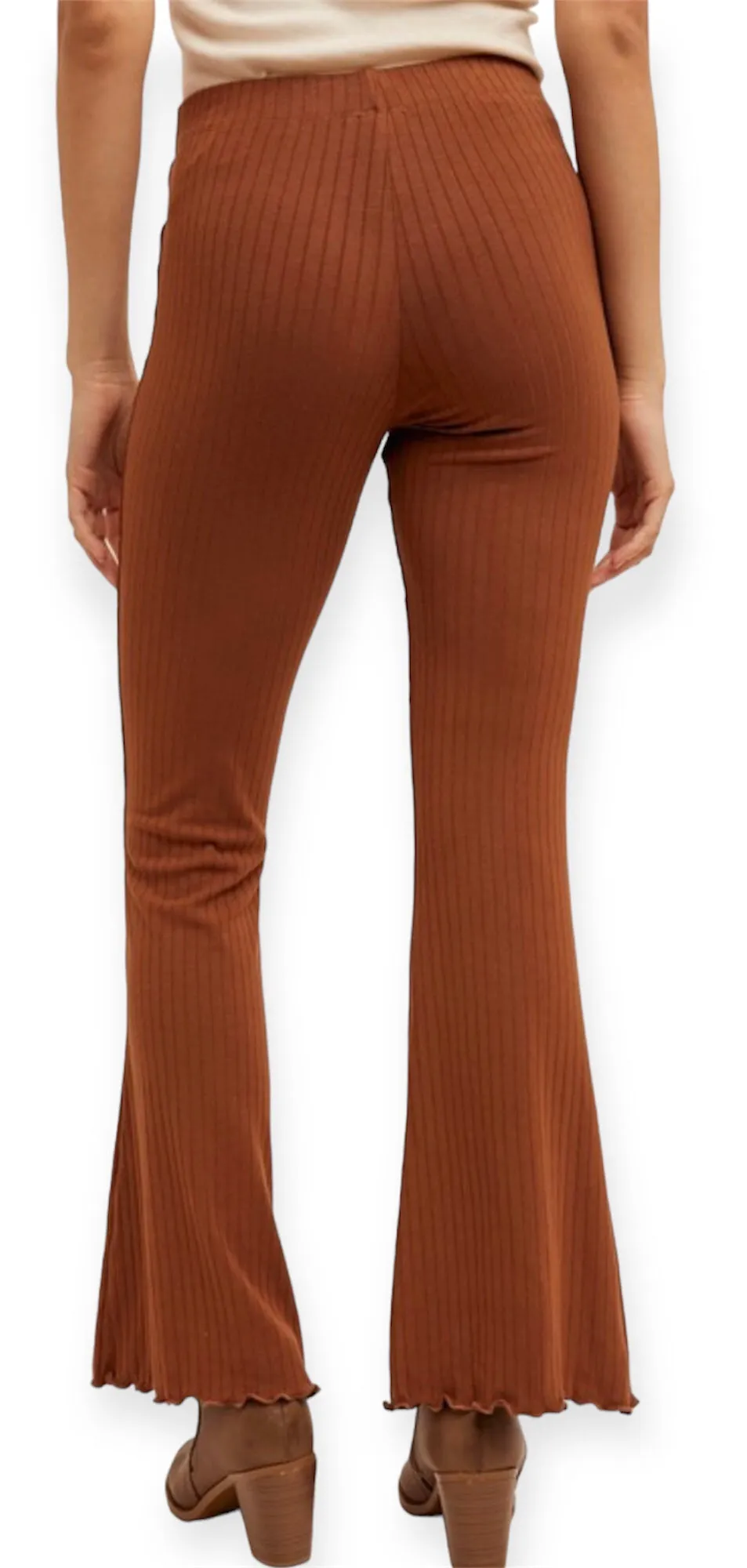 Camel Ribbed Knit Flare Pants